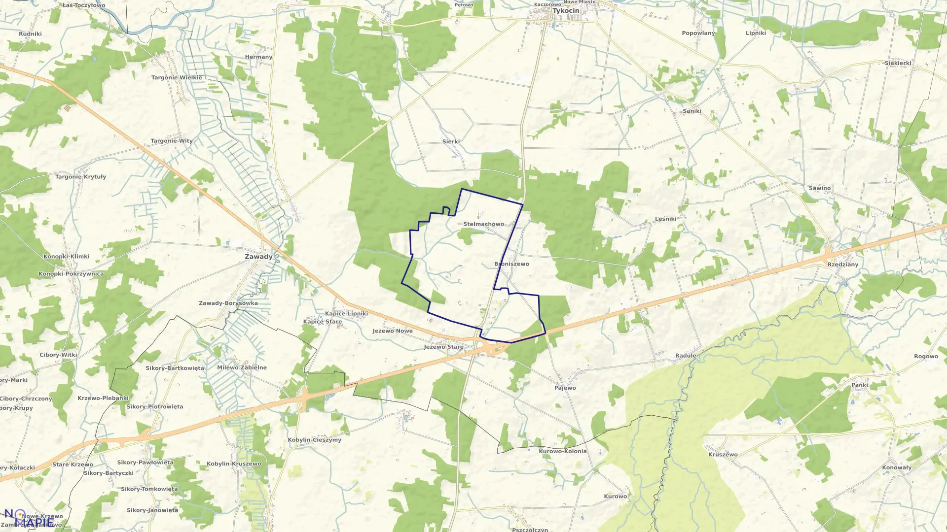 Mapa obrębu STELMACHOWO w gminie Tykocin